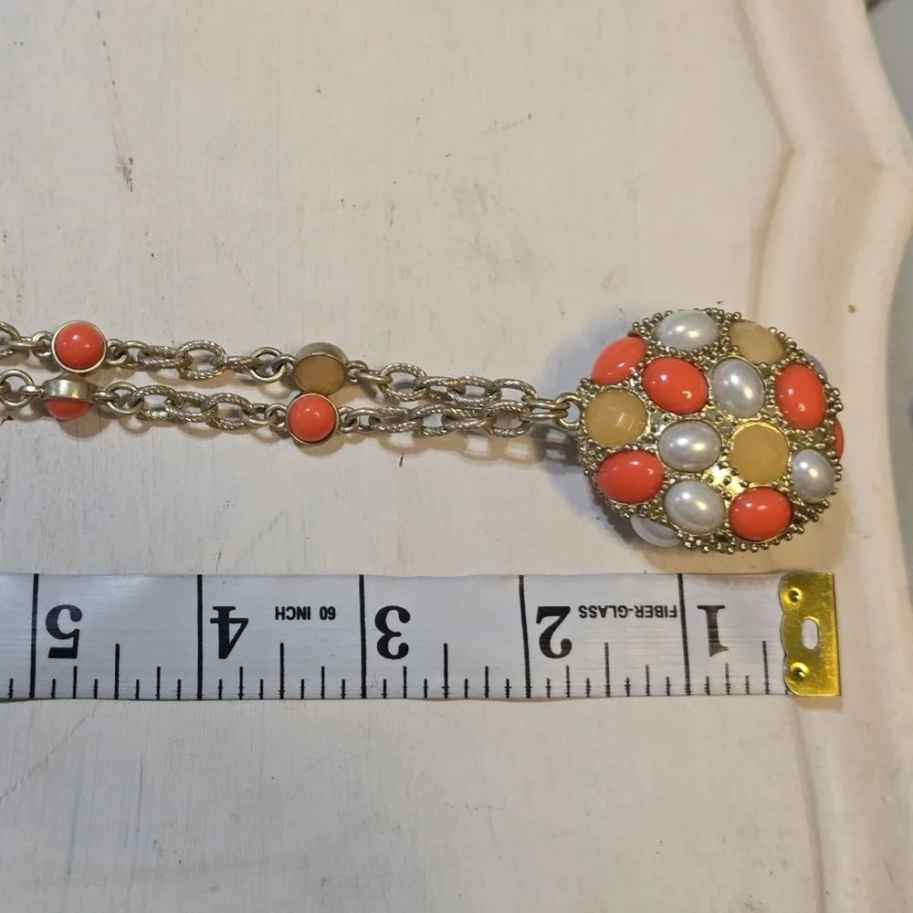 Lia Sophia Coral White‎ Amber Cabochon Domed Pendant Long Gold Tone Necklace NEW